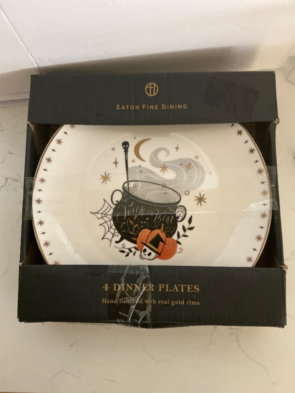 Eaton Fine Dining Halloween Dinner Plates Set of 4 Gold Rim 10”